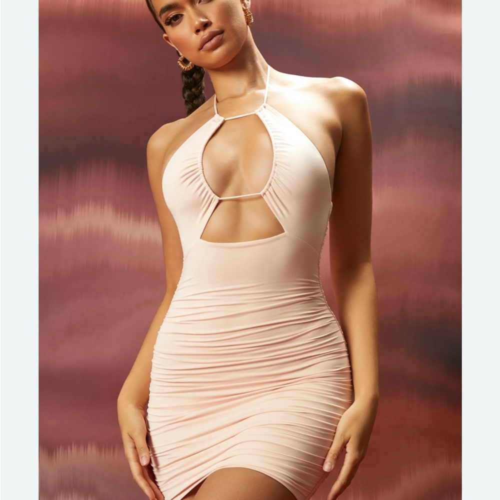 Oh Polly pink Asymmetrical Ruched Bodycon Mini Dress